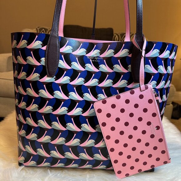 NWOT Kate Spade Leather Arch Love Birds Large Reversible Tote Bag w/ Pouch - Picture 2 of 12